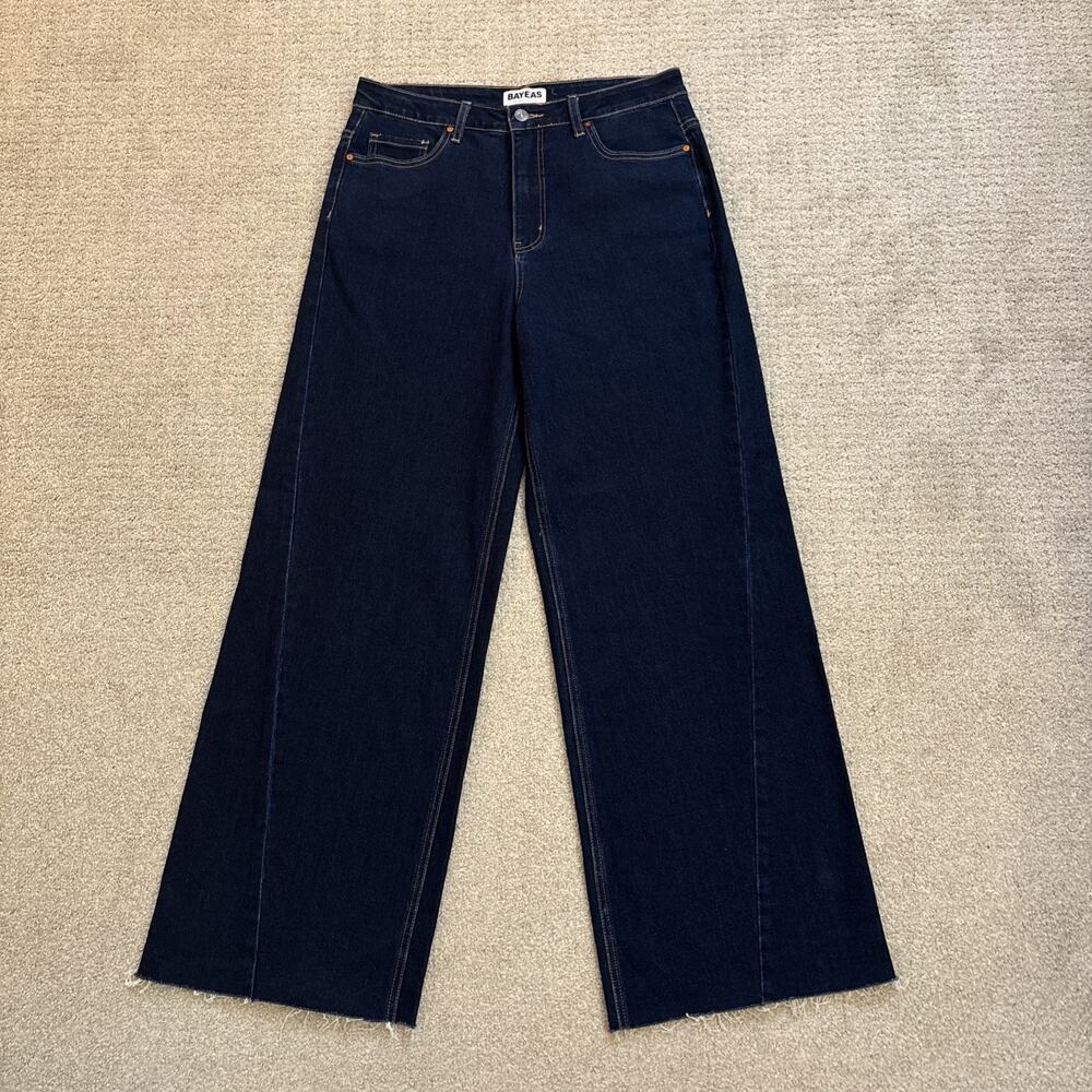 Bayeas Women's Dark Wash Beth High Rise Wide Leg Jeans Raw Hem Size 31/32